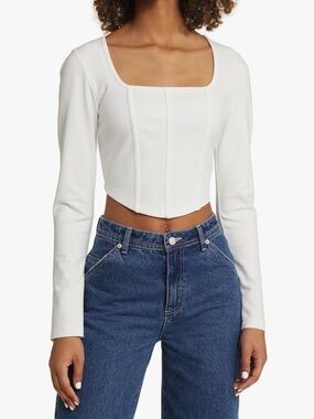 bp White Cropped Long-Sleeve Square Neck Top
